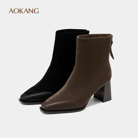奥康女鞋 冬季新款法式粗高跟尖头切尔西短靴时尚优雅瘦瘦靴图片