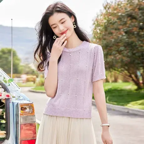 时尚气质短袖针织衫2023年夏季新款淑女温柔圆领宽松薄款显瘦上衣商品大图