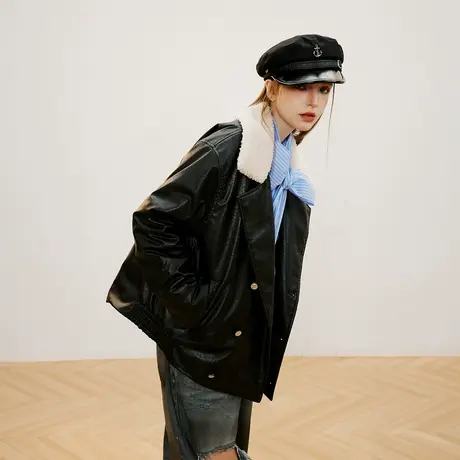 黑色PU皮棉服女加厚冬季羊羔毛拼接外套2023新款潮牌复古宽松棉衣商品大图