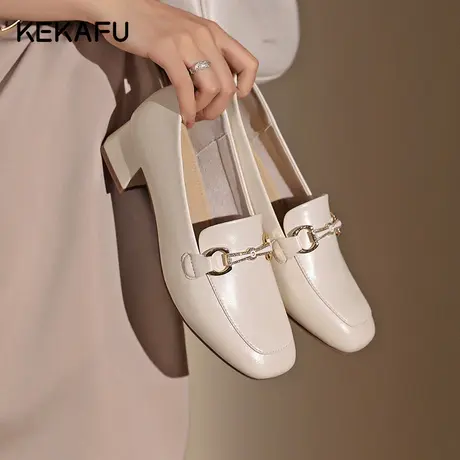 珂卡芙单鞋女2023新款秋季通勤女鞋中跟软皮乐福鞋白色粗跟小皮鞋商品大图