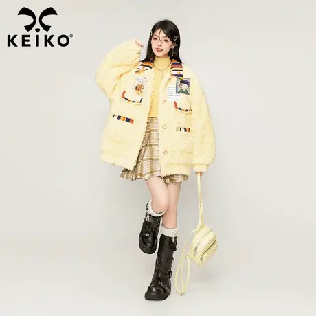 KEIKO [夹棉] 羊羔毛外套棉服女加厚2023冬季高级感拼色毛绒棉衣图片