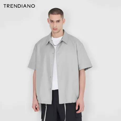 TRENDIANO官方2023新款夏季斜纹肌理字母印花宽松短袖衬衫外套图片