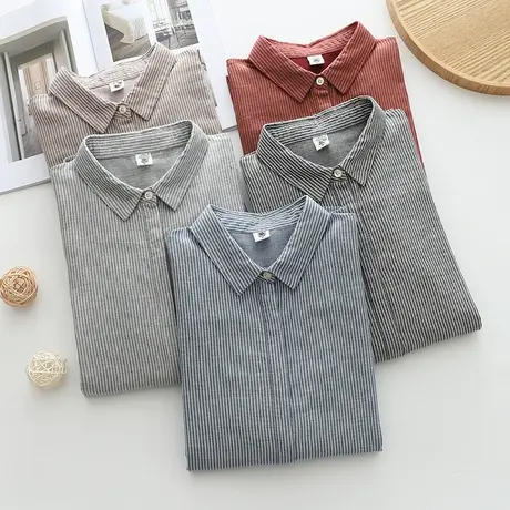 条纹双层棉纱长袖衬衫女宽松2023秋装百搭文艺纯棉柔软女士衬衣商品大图