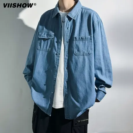 VIISHOW牛仔衬衫男复古户外休闲工装外套春秋季美式蓝色长袖衬衫商品大图