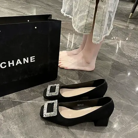 单鞋女粗跟高跟温柔风晚晚鞋2023年新款秋季法式黑色浅口水钻鞋子商品大图