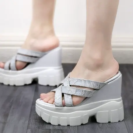 坡跟凉鞋女款夏季内增高13CM一字半拖鞋婚纱神器松糕鞋厚底高跟鞋商品大图