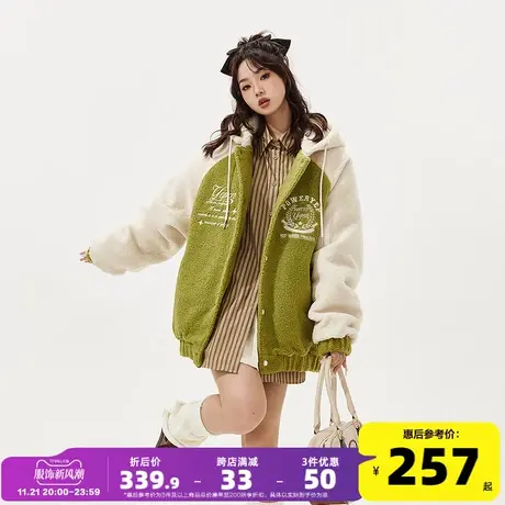 唐狮2023冬装新款女棉衣YEP联名连帽拼接插肩袖仿羊羔毛上衣外套G图片