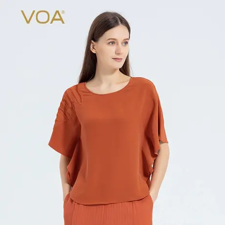 VOA40姆米重磅真丝砖红圆领不对称塔克褶设计宽松O型简约百搭T恤商品大图
