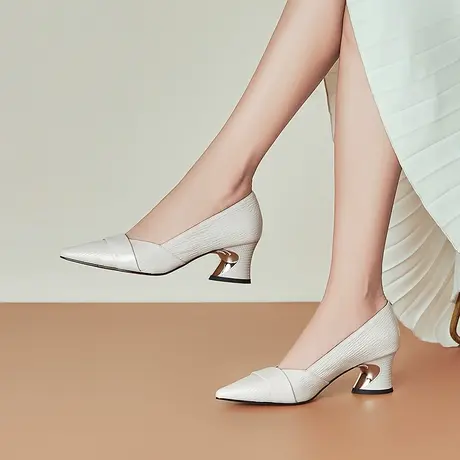 浅口尖头真皮单鞋2024秋季新款中跟舒适软皮头层牛皮里外纯皮单鞋图片