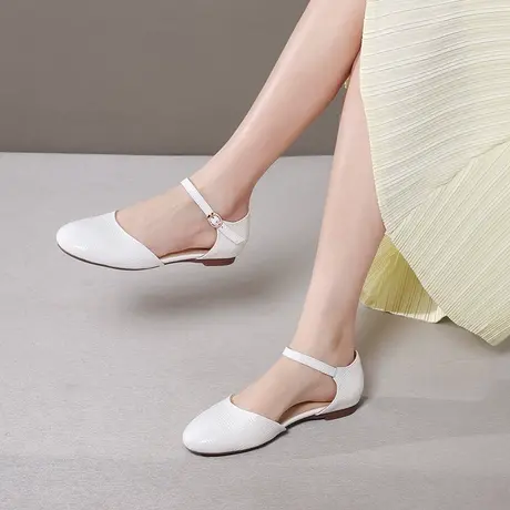 平底凉鞋女新款真皮四季鞋圆头牛皮罗马鞋一字扣大码中空包头凉鞋图片