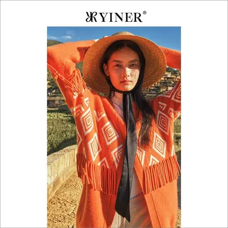 YINER音儿女装秋季羊毛毛衣菱格含羊绒针织衫商品大图