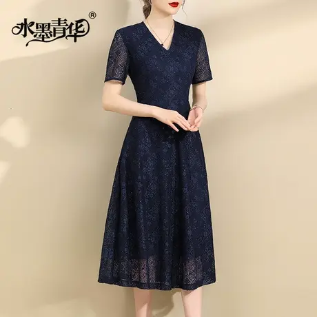 水墨青华2024夏季新品时尚显瘦V领短袖裙百搭收腰蕾丝连衣裙女商品大图