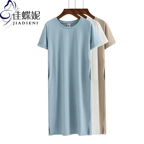 夏新款韩版圆领中长款带口袋开叉短袖体恤纯棉纯色女装连衣裙T恤商品大图
