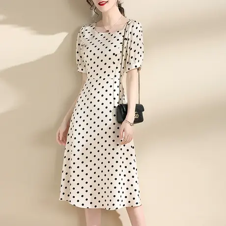 水墨青华醋酸绒裙子新款夏季时尚圆点大摆裙显瘦短袖连衣裙图片