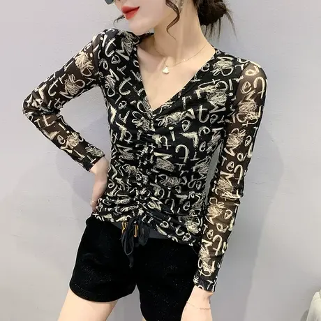 性感V领网纱打底衫女春秋2023年新款紧身抽绳T恤欧货设计感上衣潮商品大图