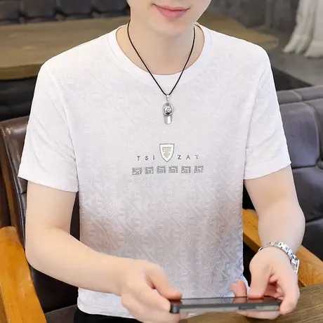 冰丝短袖T恤男士夏季新款休闲提花半袖男装体恤青年舒适短袖上衣商品大图