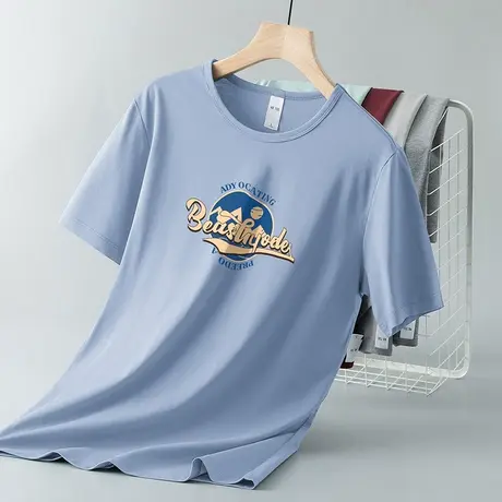 莫代尔夏季t恤男士短袖冰丝凉感上衣服半袖夏装潮流印花圆领体恤商品大图