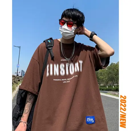 国潮宽松情侣纯棉短袖T恤男夏季模糊字母印花休闲半袖圆领上衣服商品大图