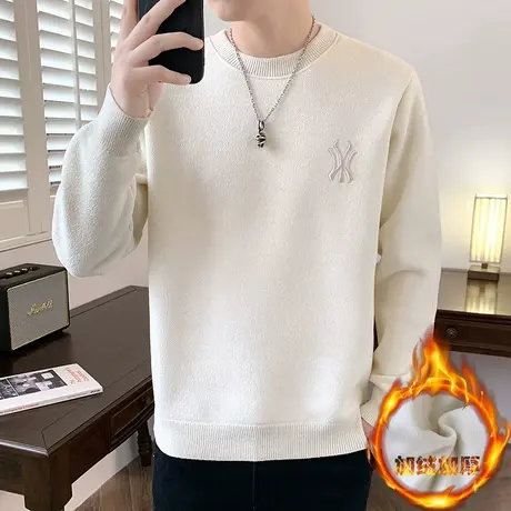 圆领毛衣男秋冬季新款加绒加厚保暖套头打底衫男士潮牌提花毛线衣商品大图