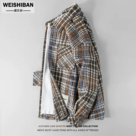 新款日系休闲复古花色格纹长袖衬衫男重磅学院风痞帅廓形衬衣外套图片