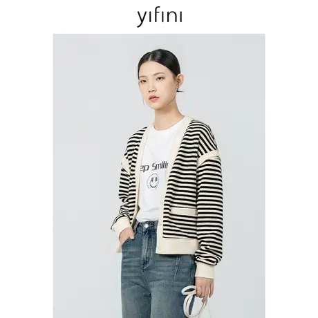 Yifini/易菲宽松V领可拆卸袖子两穿条纹外套女春秋新款上衣图片