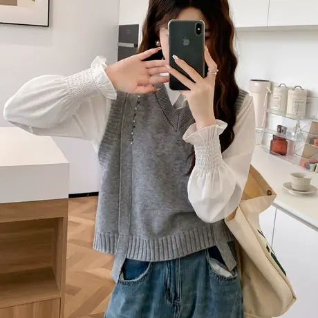 设计感飘带钉珠V领针织马甲背心女外搭春秋复古洋气宽松毛衣坎肩商品大图