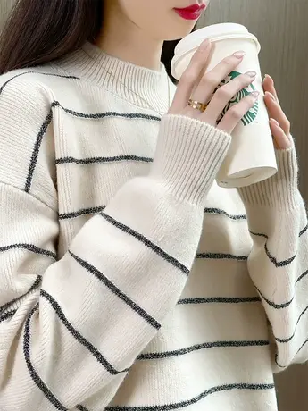 条纹套头毛衣秋装女2023年新款宽松半高领长袖内搭针织衫上衣洋气商品大图