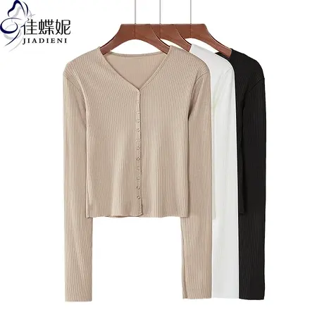 春季新款韩版纯棉修身显瘦纯色坑条纹短款V领开衫长袖体恤上衣女商品大图