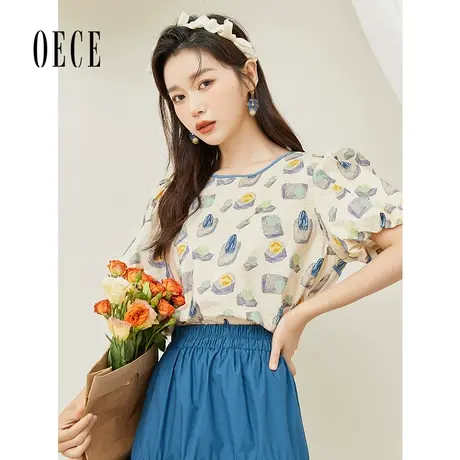 Oece设计感上衣夏装新款女装清新减龄显白圆领短袖印花衬衫图片