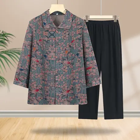 中老年人秋装衬衫妈妈秋季套装七分袖上衣开衫奶奶装洋气两件套商品大图