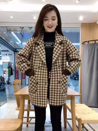 复古格子西装领大衣女2023秋冬新款韩版时尚大码宽松加厚毛呢外套图片