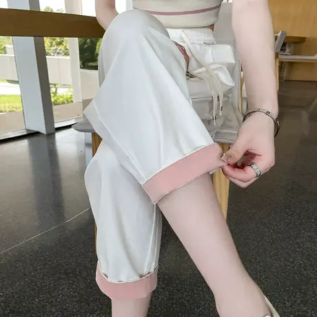 白色翻边哈伦裤女春秋新款大码高腰九分直筒宽松棉麻休闲老爹裤子商品大图