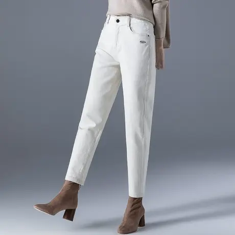 米白色牛仔裤女2024新款秋冬加绒女裤九分白色裤子女哈伦裤萝卜裤图片