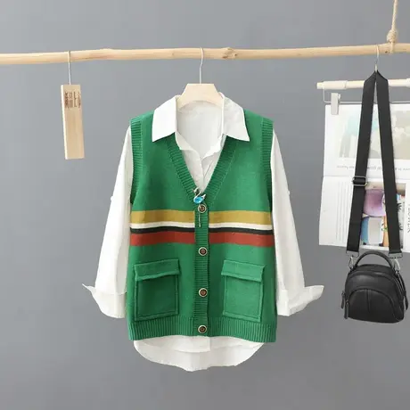 韩版秋季百搭针织马夹女背心宽松V领工装休闲风外搭马甲坎肩毛衣商品大图