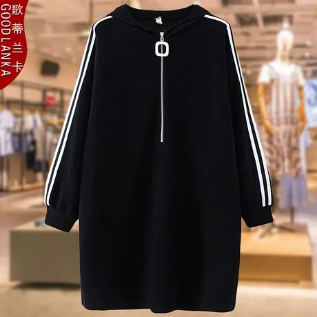 加肥加大码女装中年妈妈春装裙子2022新款宽松连帽长袖洋气连衣裙商品大图