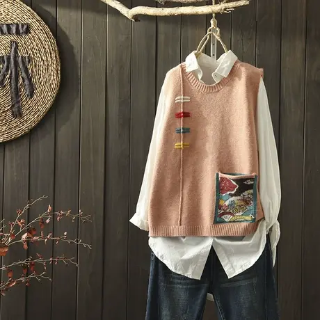 枫谜19年秋冬新款文艺简约盘扣针织马夹背心女口袋针织衫无袖上衣图片