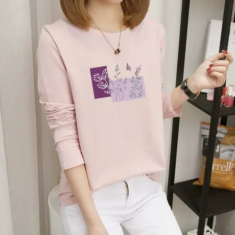 T恤女长袖圆领宽松上衣2022年秋季纯棉打底体恤学生宽松韩版内搭图片