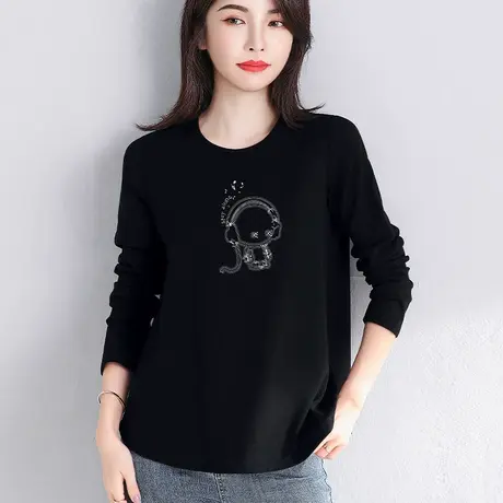 女t恤大码长袖打底衫遮肚子遮胯宽松低领圆弧下摆印花图案上衣薄商品大图