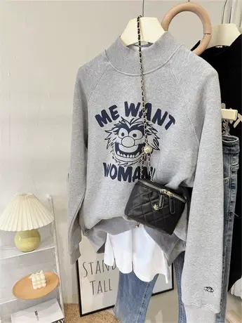 卡通动漫半高领2023秋冬加绒加厚上衣宽松大码潮版女休闲美式卫衣商品大图