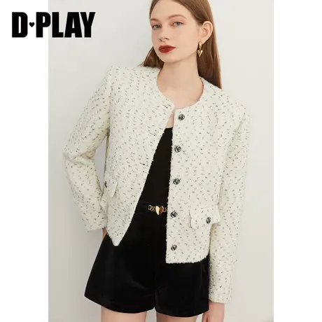 DPLAY【黑标】冬季新黑白撞色编制小香风圆领粗花呢毛呢外套商品大图