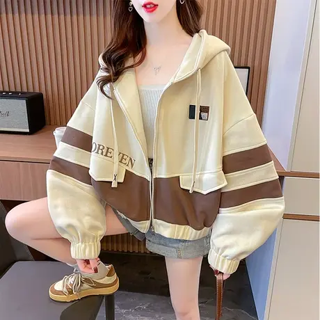 设计感小众短款卫衣女春秋季韩版宽松大码薄款小个子带帽拼色外套图片