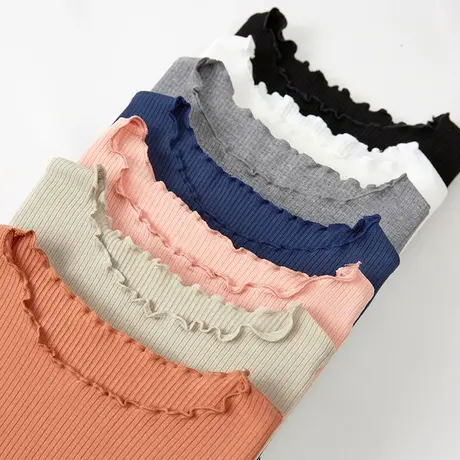 秋冬季圆领木耳边女士打底衫长袖韩版修身纯色内搭上衣显瘦体恤商品大图
