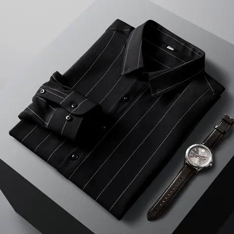 2023春夏白色衬衫男长袖免烫提花寸衫韩版修身轻商务条纹衬衣黑春商品大图