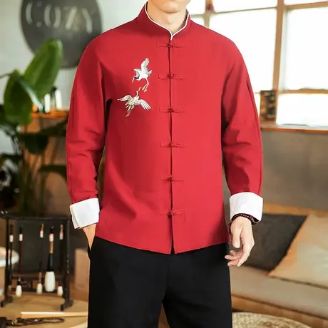 古风仙鹤刺绣盘扣唐装衬衫男士秋季中国风纯棉红色寿星立领中山装图片