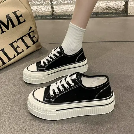 配裙子小白鞋女2023新款秋季透气鞋子百搭厚底帆布鞋原创小众板鞋商品大图