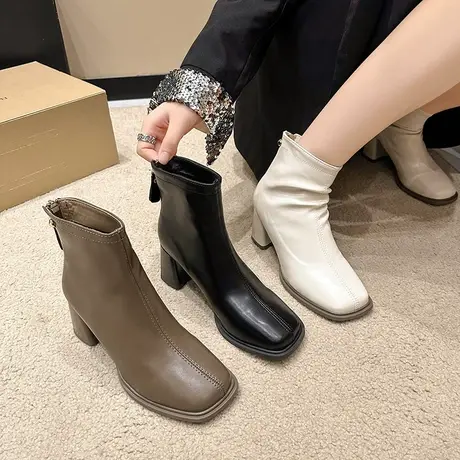 马丁靴女秋冬季新款2023年韩系通勤显瘦小短靴法式高跟粗跟女靴子商品大图