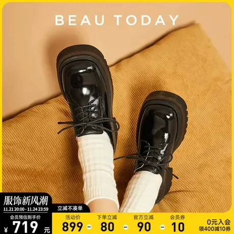 BeauToday厚底小皮鞋女鞋2024春季新款英伦风粗跟增高真皮单鞋BT商品大图