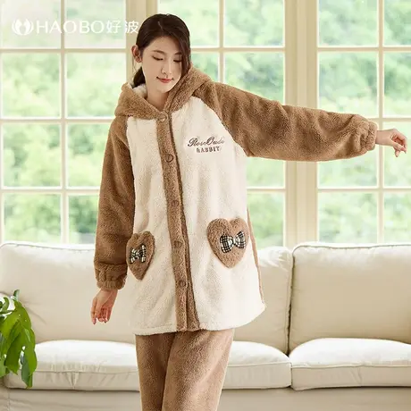 好波女中长款睡衣大码可爱家居服连帽款珊瑚绒睡衣套装HJR23111商品大图