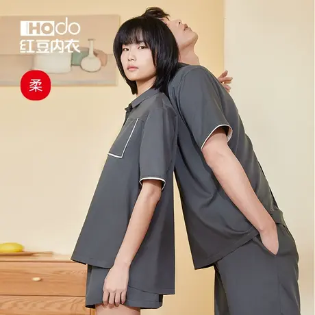 红豆莫代尔情侣睡衣短袖短裤男女士宽松冰丝感薄款家居服套装商品大图