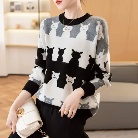 2023秋冬新款韩版宽松圆领长袖套头毛衣打底衫女士百搭卡通女上衣商品大图